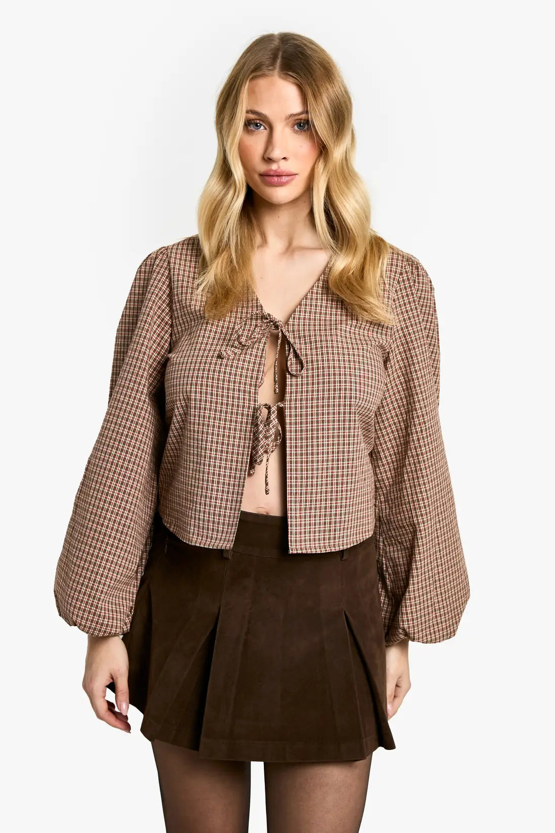 boohoo Maternity Woven Check Balloon Sleeve Tie Detail Top