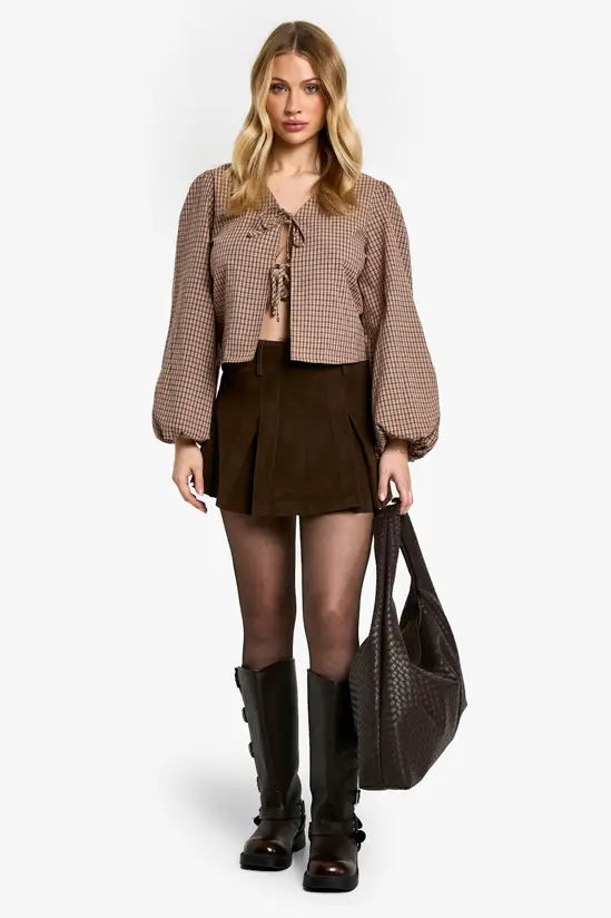 boohoo Maternity Woven Check Balloon Sleeve Tie Detail Top