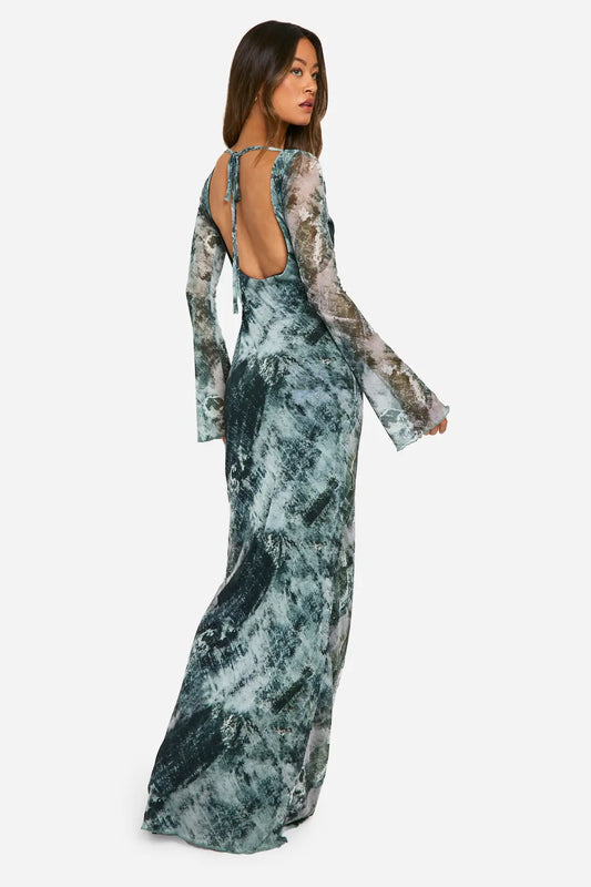 boohoo Tall Smudge Print Open Back Maxi Dress