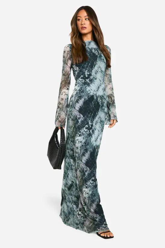 boohoo Tall Smudge Print Open Back Maxi Dress