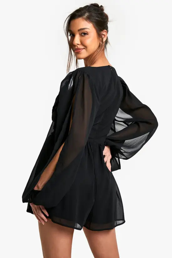 boohoo Chiffon Wrap Split Sleeve Playsuit