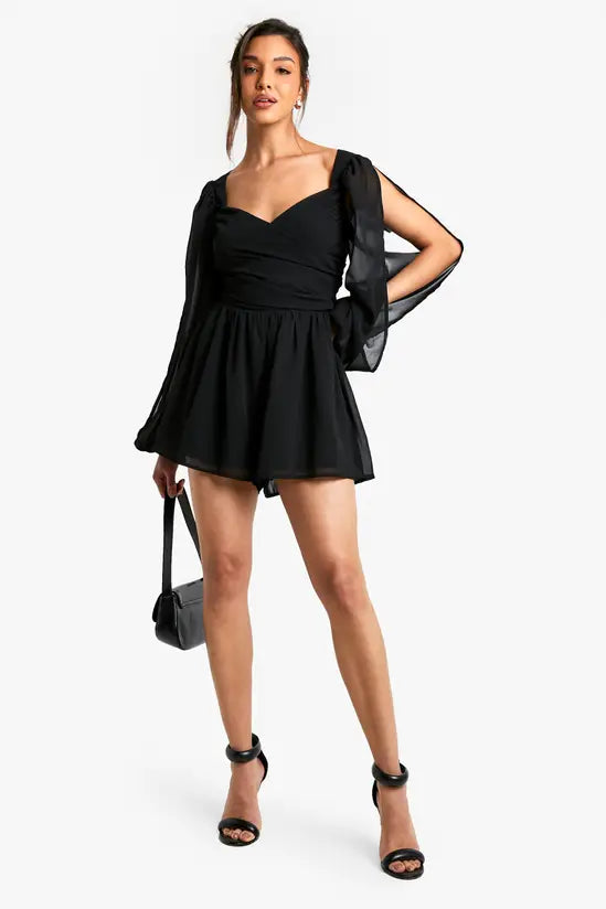 boohoo Chiffon Wrap Split Sleeve Playsuit