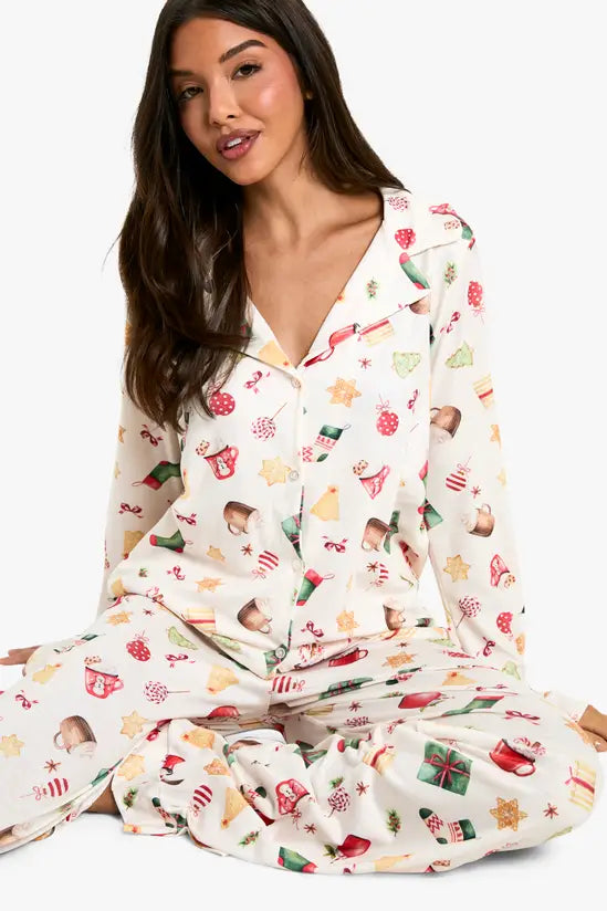 boohoo Christmas Mixed Print Long Sleeve Shirt
