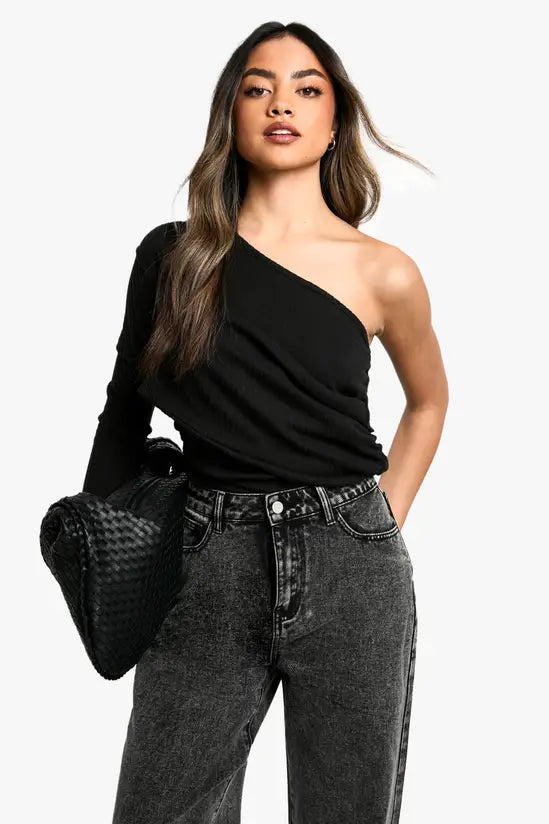 boohoo Mega Rib One Shoulder Drape Bodysuit