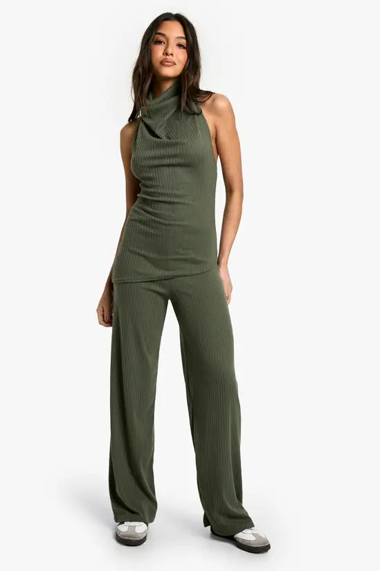 boohoo Brushed Rib Cowl Neck Top Co Ord