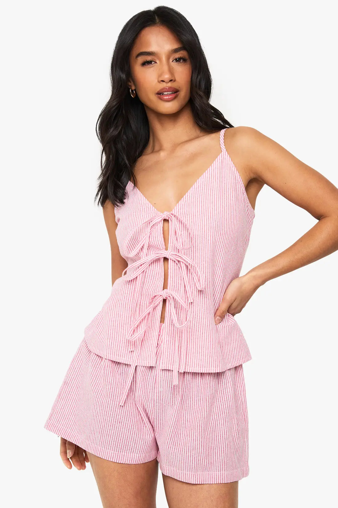 Boohoo Petite Pinstripe Halter Neck Tie Short Co Ord SET