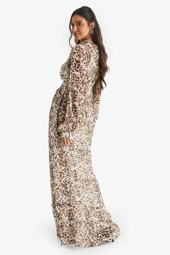 boohoo Leopard Printed Dobby Long Sleeve Maxi Dress