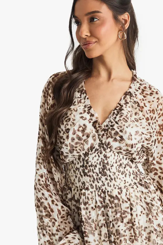 boohoo Leopard Printed Dobby Long Sleeve Maxi Dress