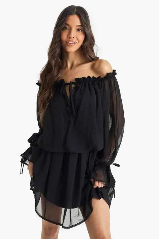 Boohoo - Chiffon Bardot Dropped Waist Mini Dress