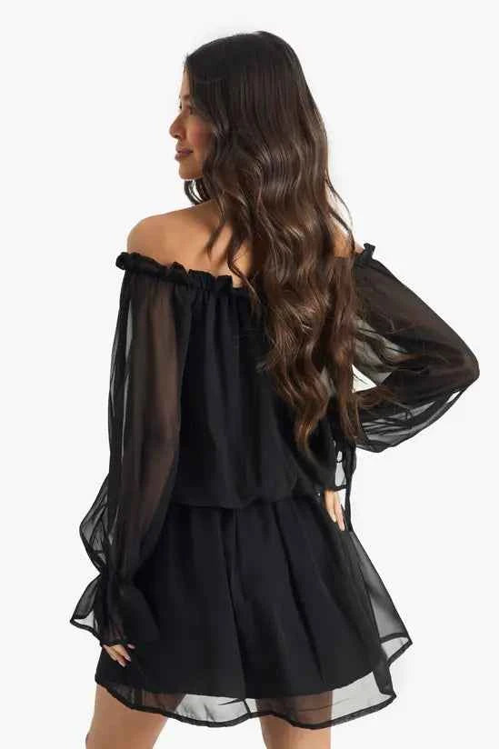 Boohoo - Chiffon Bardot Dropped Waist Mini Dress