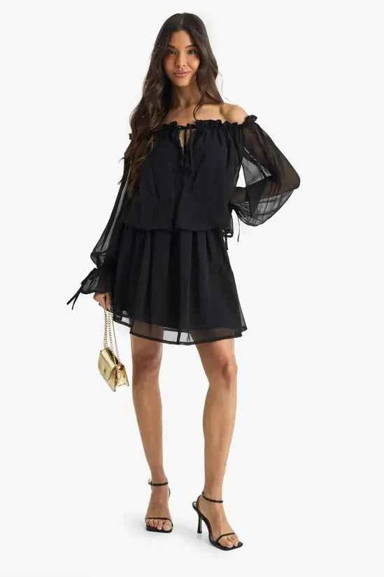 Boohoo - Chiffon Bardot Dropped Waist Mini Dress