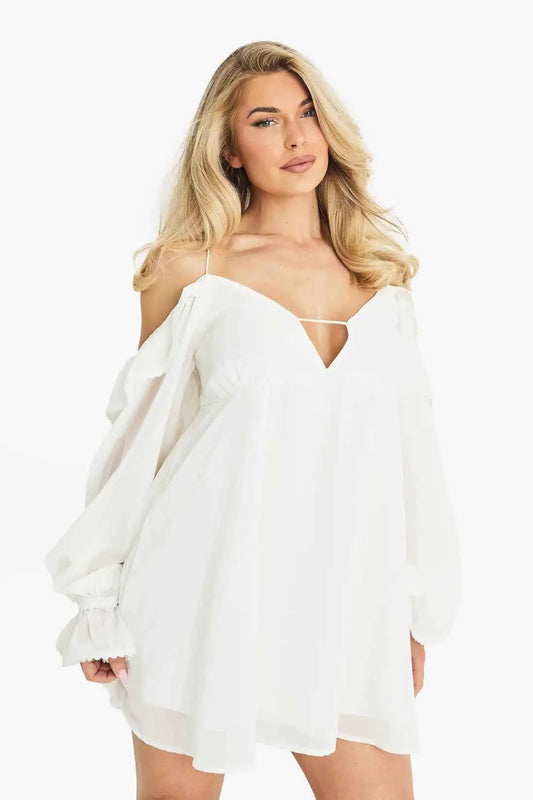 boohoo Chiffon Cold Shoulder Layered Mini Dress