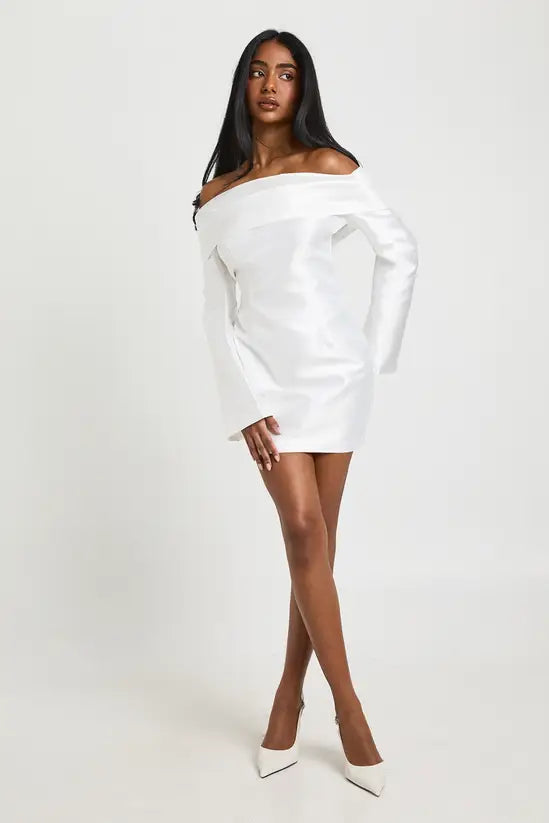 boohoo Satin Structured Bardot Mini Dress