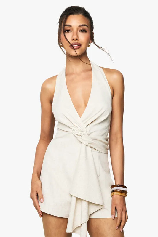 Linen Look Twist Neck Halterneck Playsuit