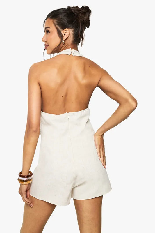 Linen Look Twist Neck Halterneck Playsuit