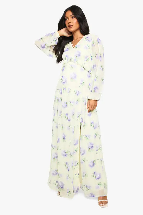 boohoo Maternity Chiffon Long Sleeve Pleated Waist Maxi Dress