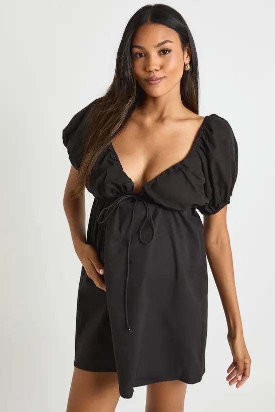 boohoo Maternity Cotton Tie Front Puff Sleeve Skater Dress