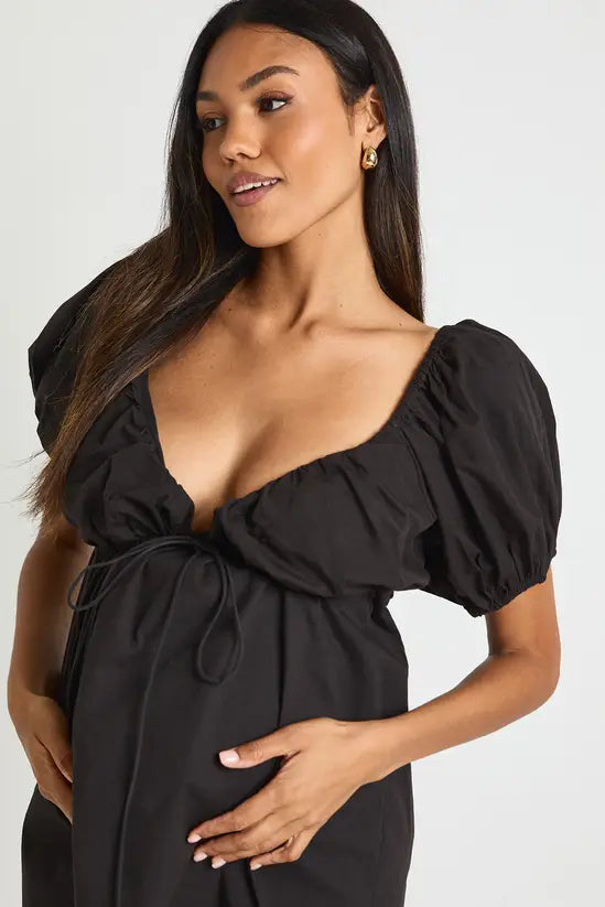 boohoo Maternity Cotton Tie Front Puff Sleeve Skater Dress