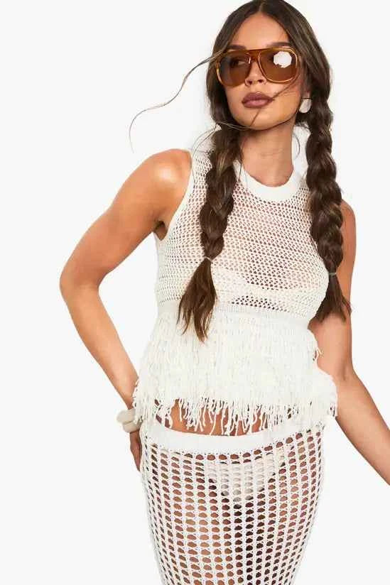 boohoo Tassel Hem Crochet Knitted Top