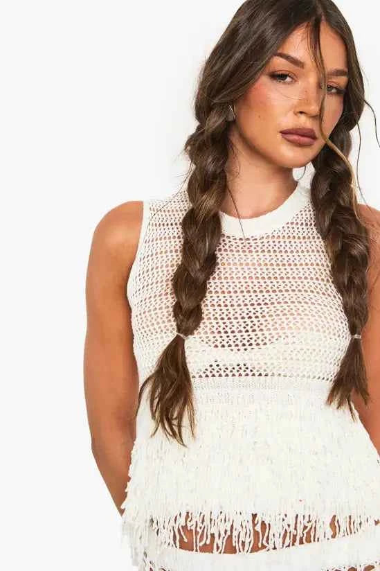 boohoo Tassel Hem Crochet Knitted Top