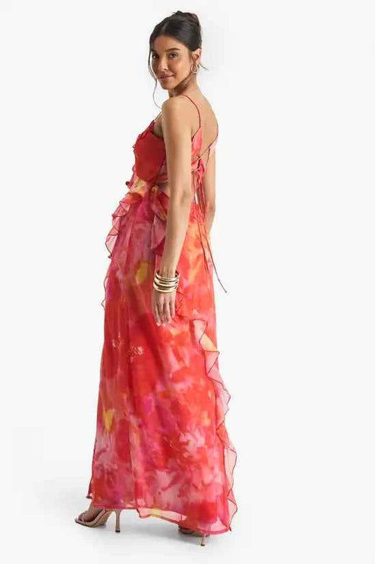 boohoo Floral Crinkle Chiffon Ruffle Maxi Dress