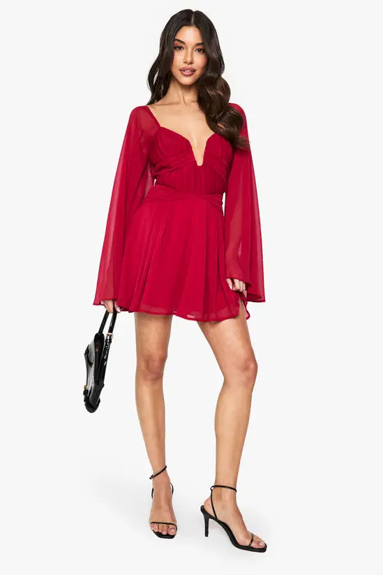 Boohoo Chiffon Pleated Long Sleeve Mini Dress