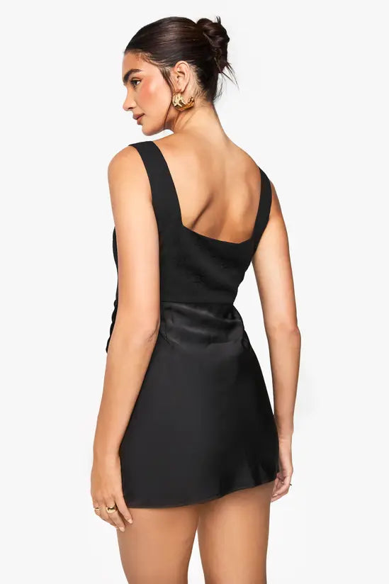boohoo Satin Drape Jacquard Detail Square Neck Mini Dress