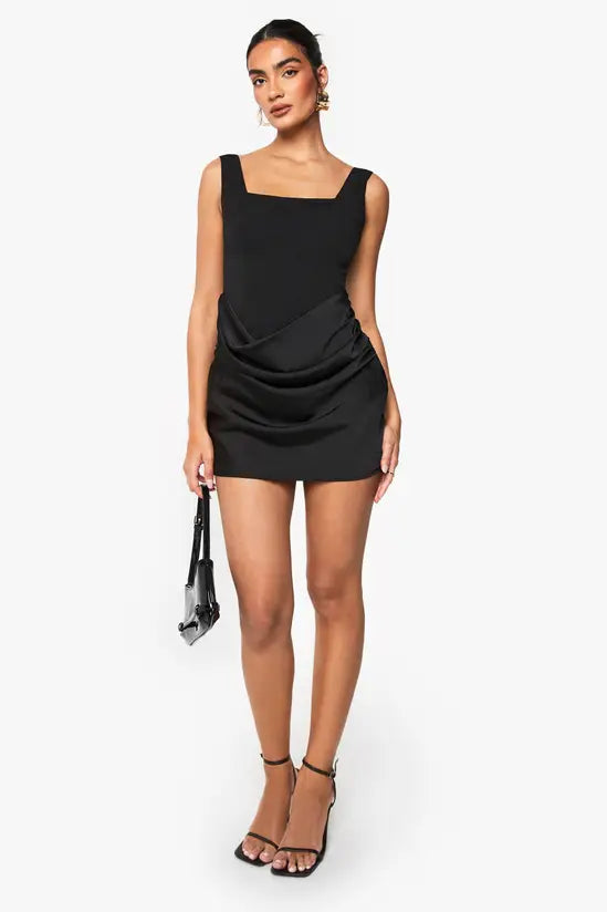 boohoo Satin Drape Jacquard Detail Square Neck Mini Dress