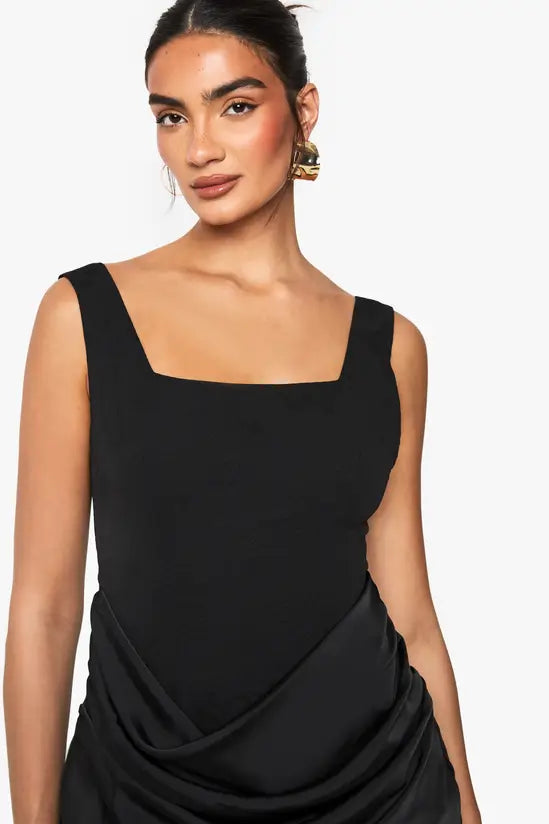 boohoo Satin Drape Jacquard Detail Square Neck Mini Dress