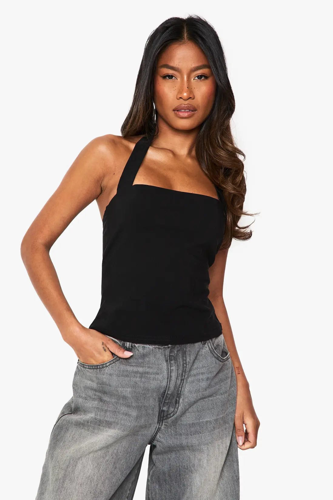 boohoo Bengaline Halter Square Neck Top