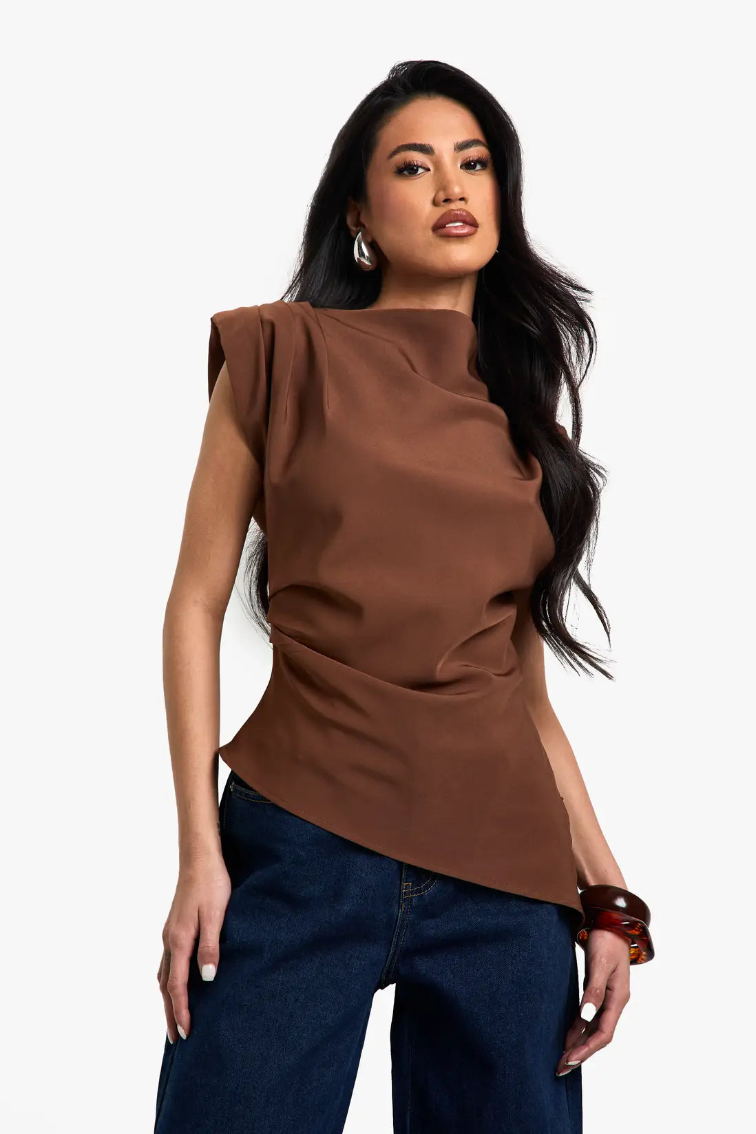 boohoo Gathered Shoulder Pad Asymmetric Blouse