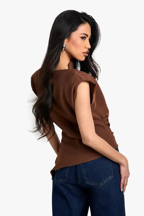 boohoo Gathered Shoulder Pad Asymmetric Blouse