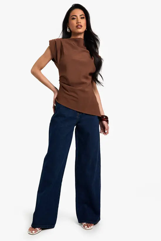 boohoo Gathered Shoulder Pad Asymmetric Blouse