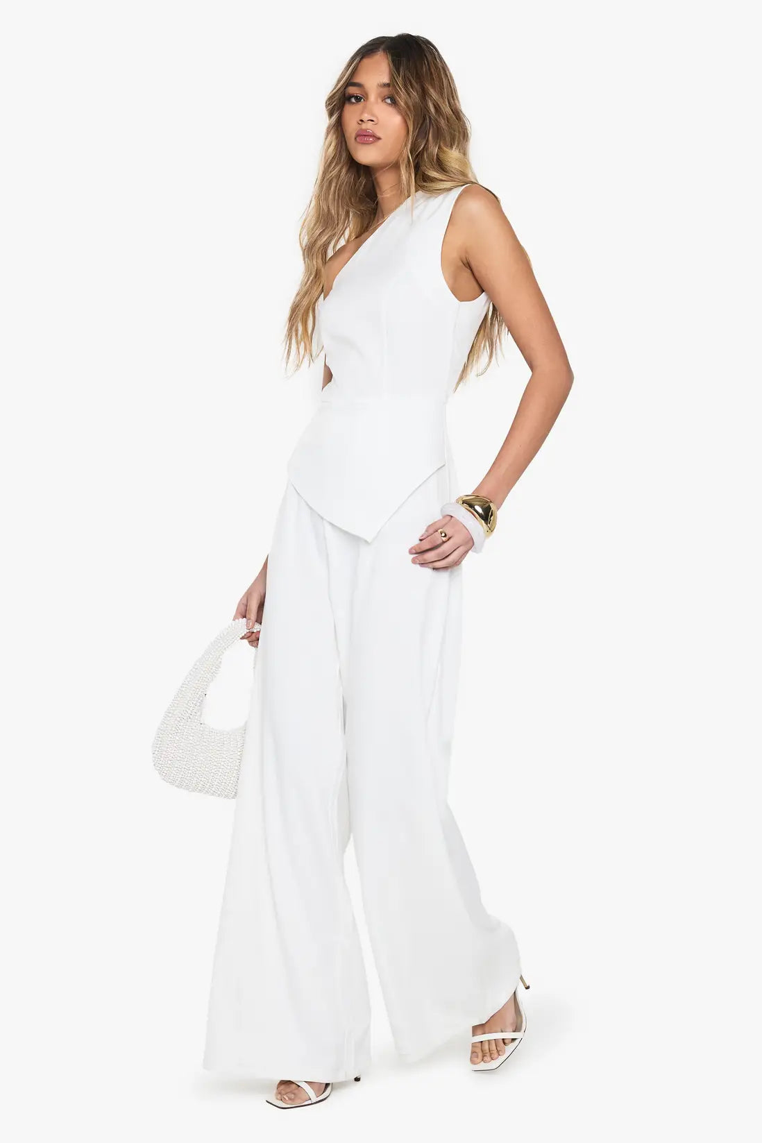 boohoo Tailored One Shoulder Wide Leg Jumpsuit
