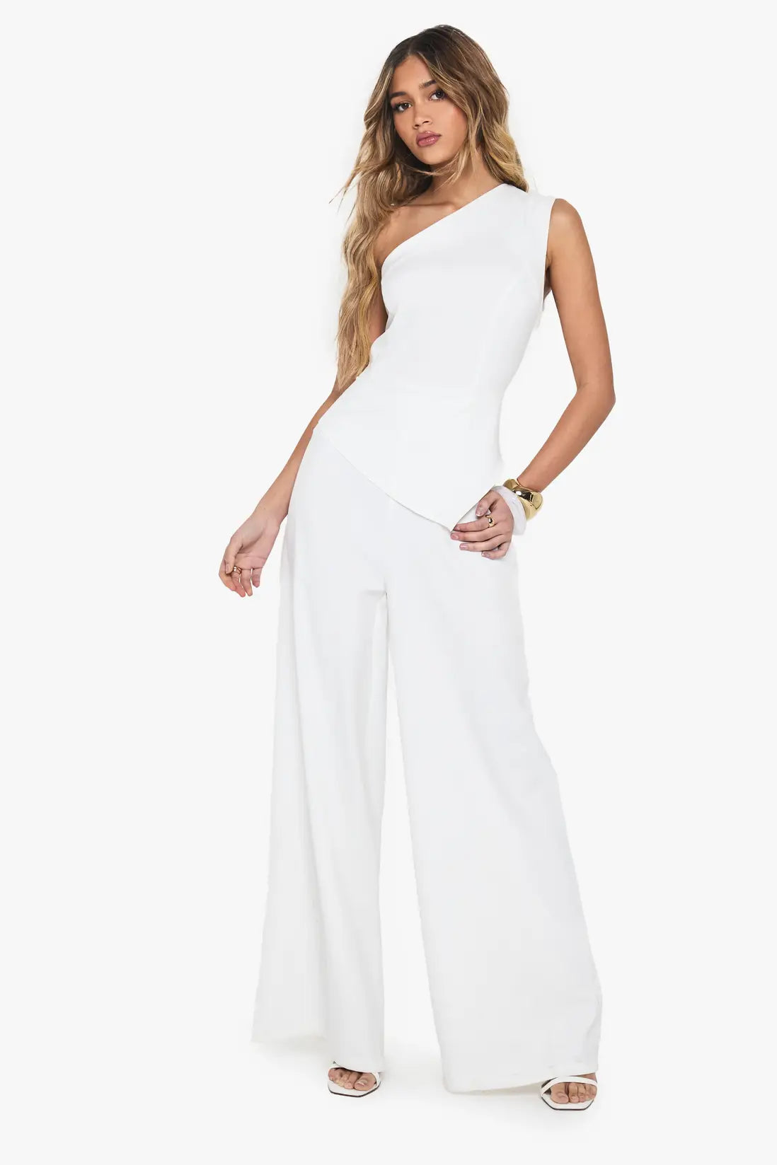 boohoo Tailored One Shoulder Wide Leg Jumpsuit