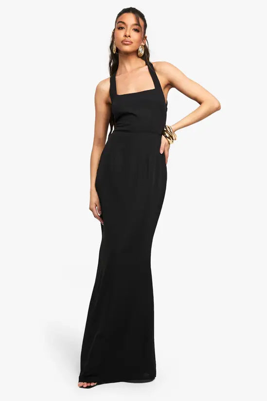 Boohoo Chiffon Scarf Detail Lace Up Back Maxi Dress