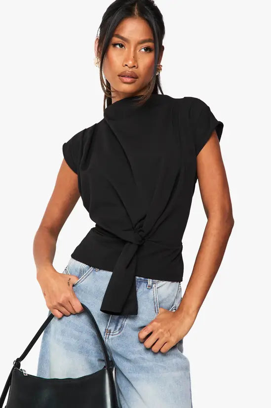 boohoo Crepe Knot Cowl Neck Blouse