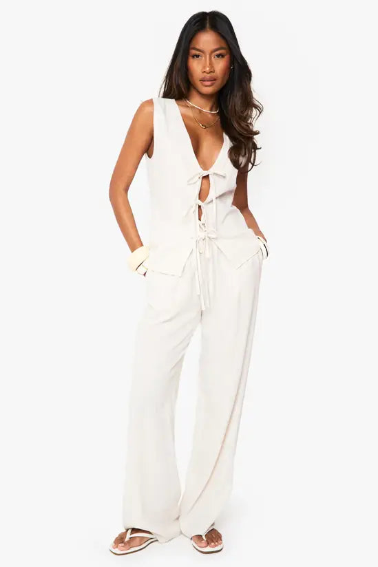 boohoo Linen Look Straight Leg Trousers