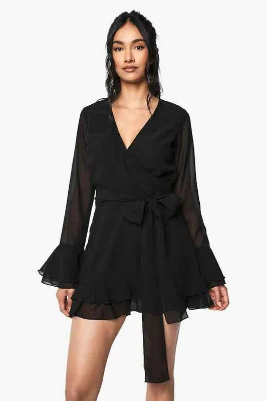 boohoo Flare Sleeve Chiffon Wrap Mini Dress