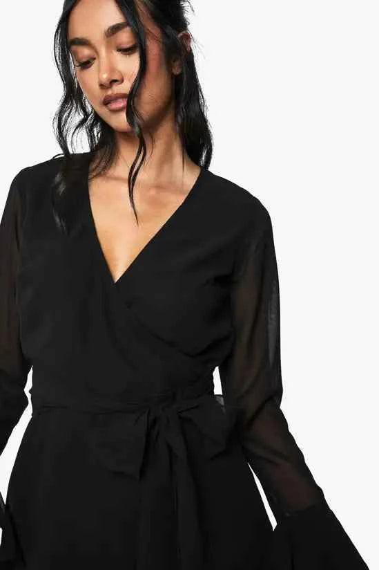boohoo Flare Sleeve Chiffon Wrap Mini Dress