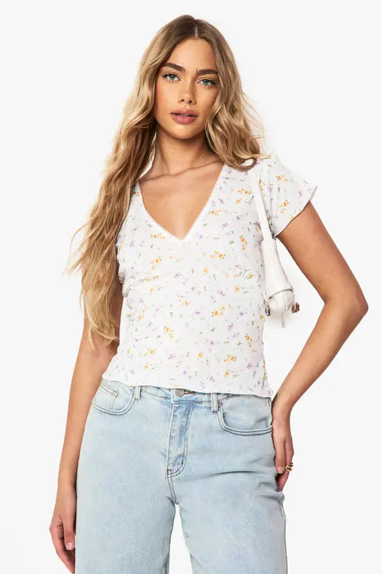boohoo Textured Ditsy Picot Trim V Neck Top