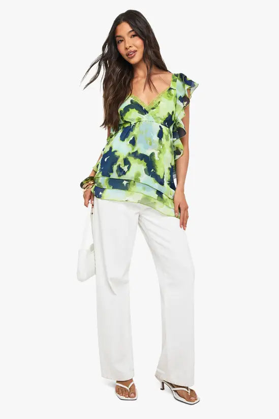 boohoo Floral Chiffon Asymmetric Ruffle Blouse