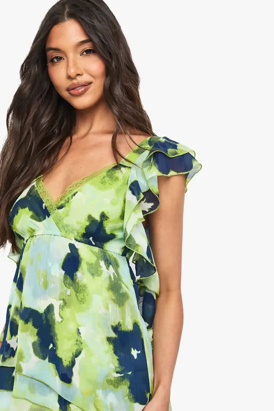boohoo Floral Chiffon Asymmetric Ruffle Blouse