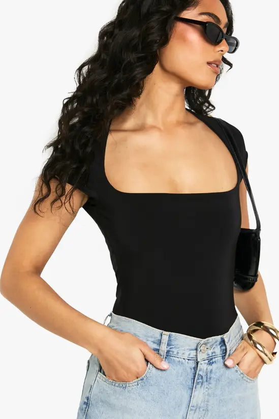 boohoo Double Layer Slinky Square Neck Cap Sleeve Bodysuit