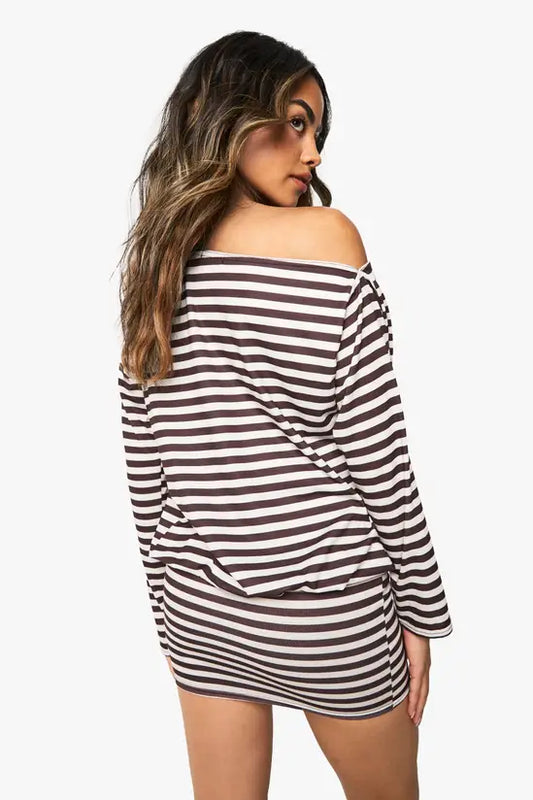boohoo Stripe Off the Shoulder Long Sleeve Bodycon Mini Dress