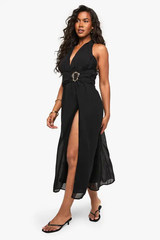 boohoo Petite Chiffon Trim Thigh Split Maxi Dress