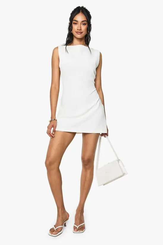boohoo Slash Neck Fit & Flare Micro Mini Dress