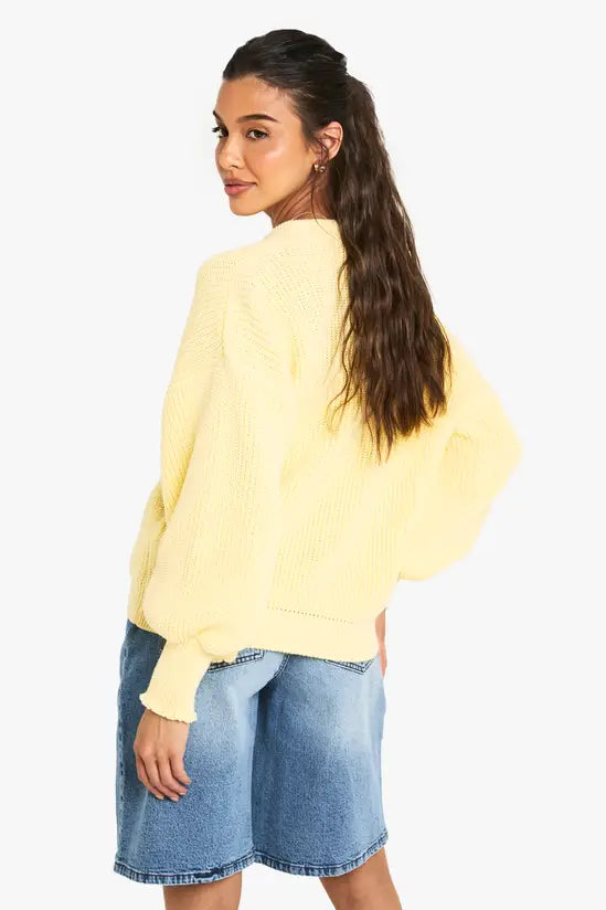 boohoo Balloon Sleeve Button Through Rib Cardigan