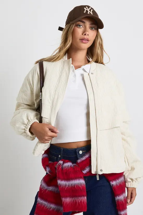 boohoo Textured Collarless Bomber Jacket