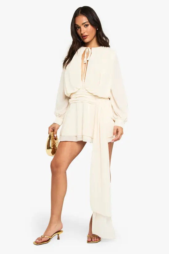 boohoo Petite Chiffon Ruched Drape Smock Dress